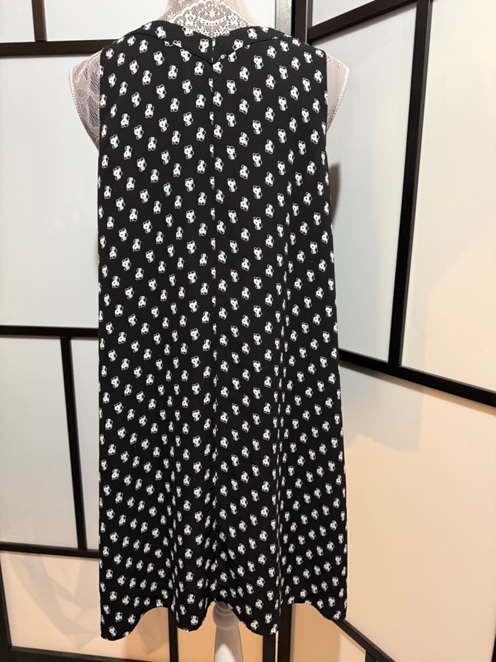 LOFT Black. White and Blue V-Neck Patterned Midi Dress - Picture 4 of 6